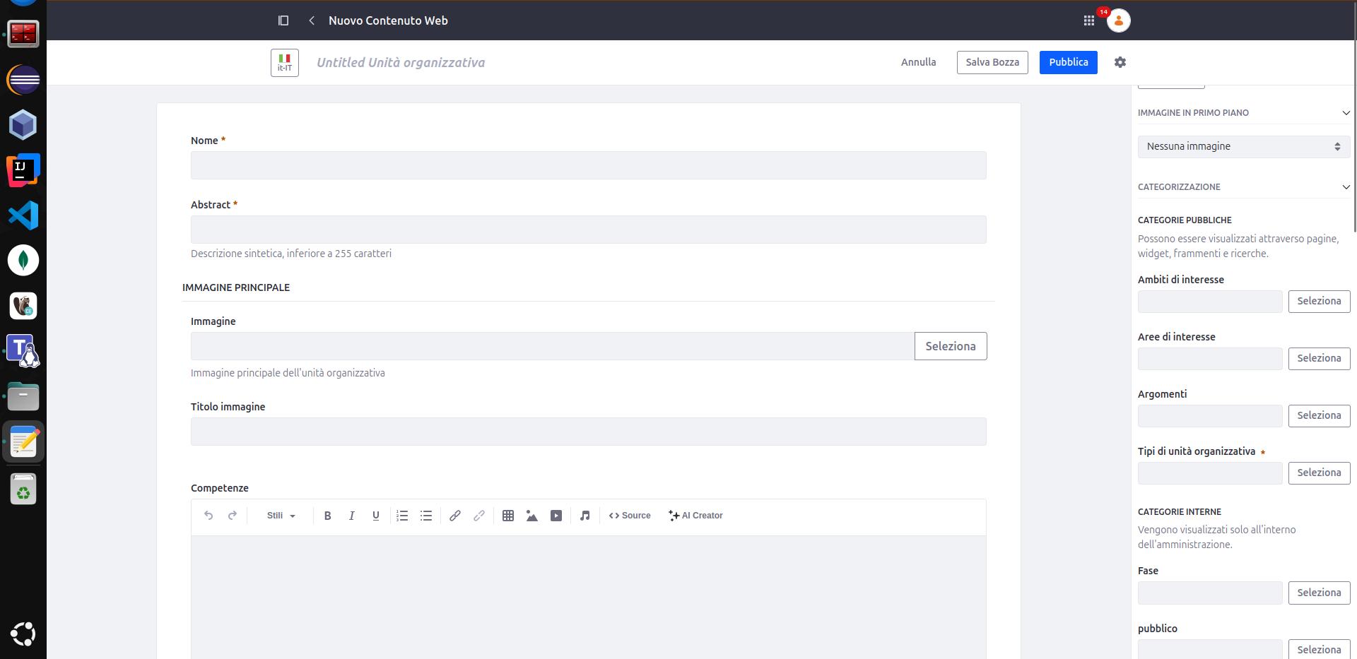 Form creazione Unità organizzativa